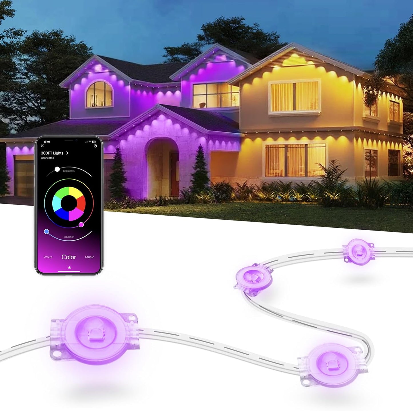 Nexillumi 300ft Permanent Outdoor Lights for House - Smart RGB