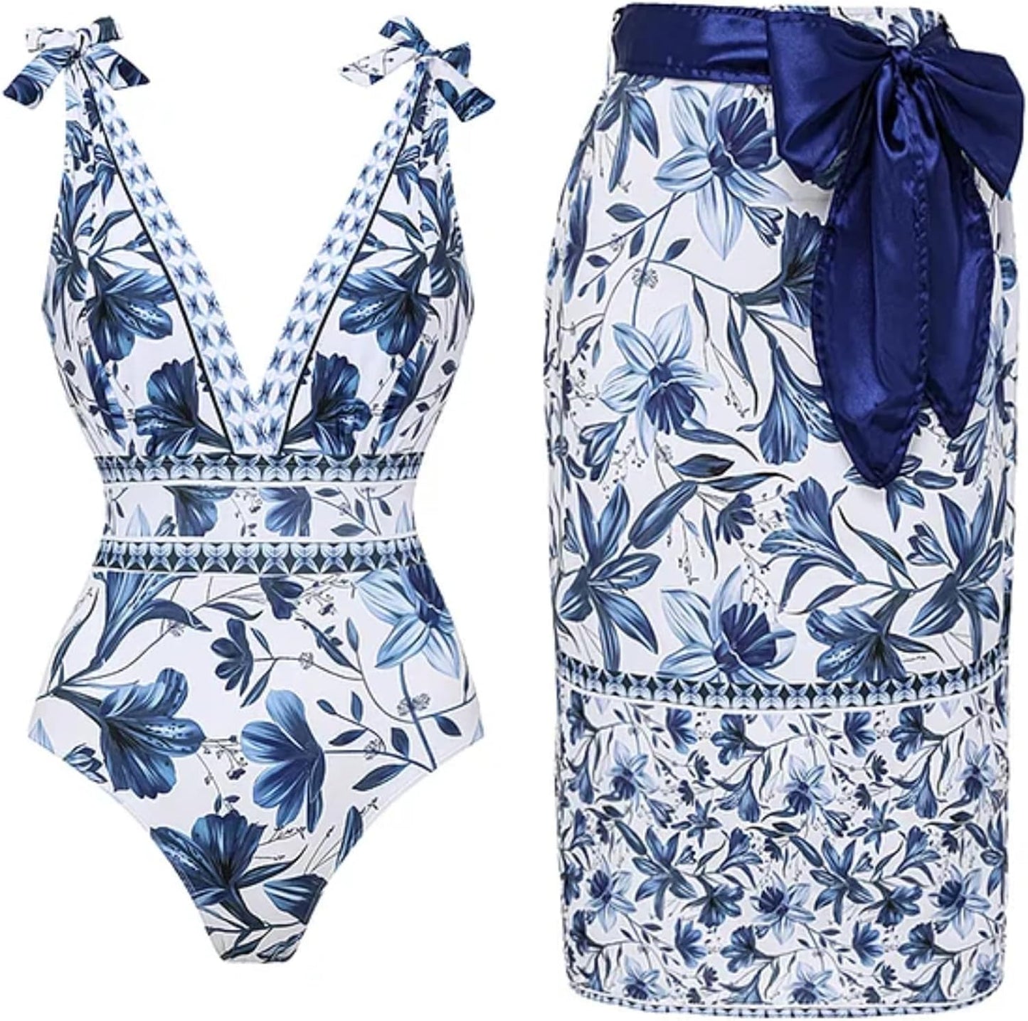 FLAXMAKER Blue and White V Neck Lace Up One Piece Swimsuit