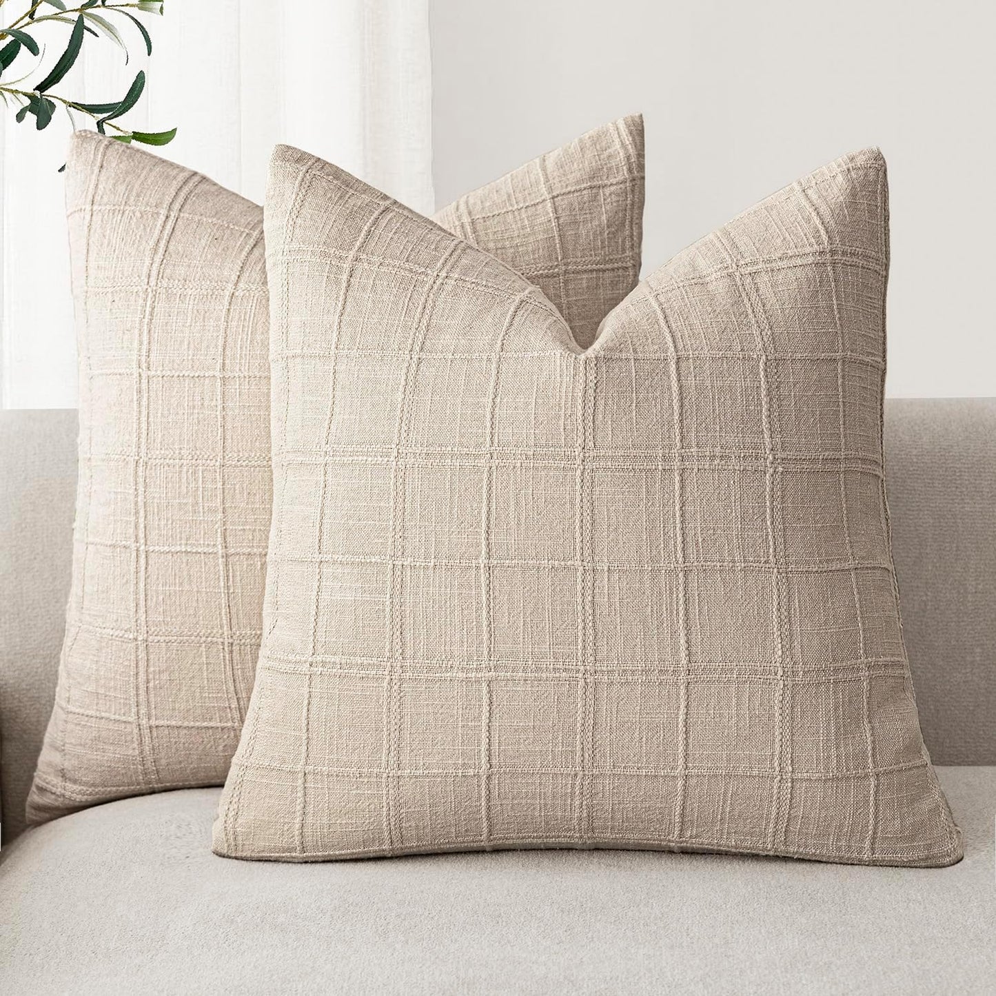 Foindtower Decorative Linen Check Throw Pillow Covers Set of 2