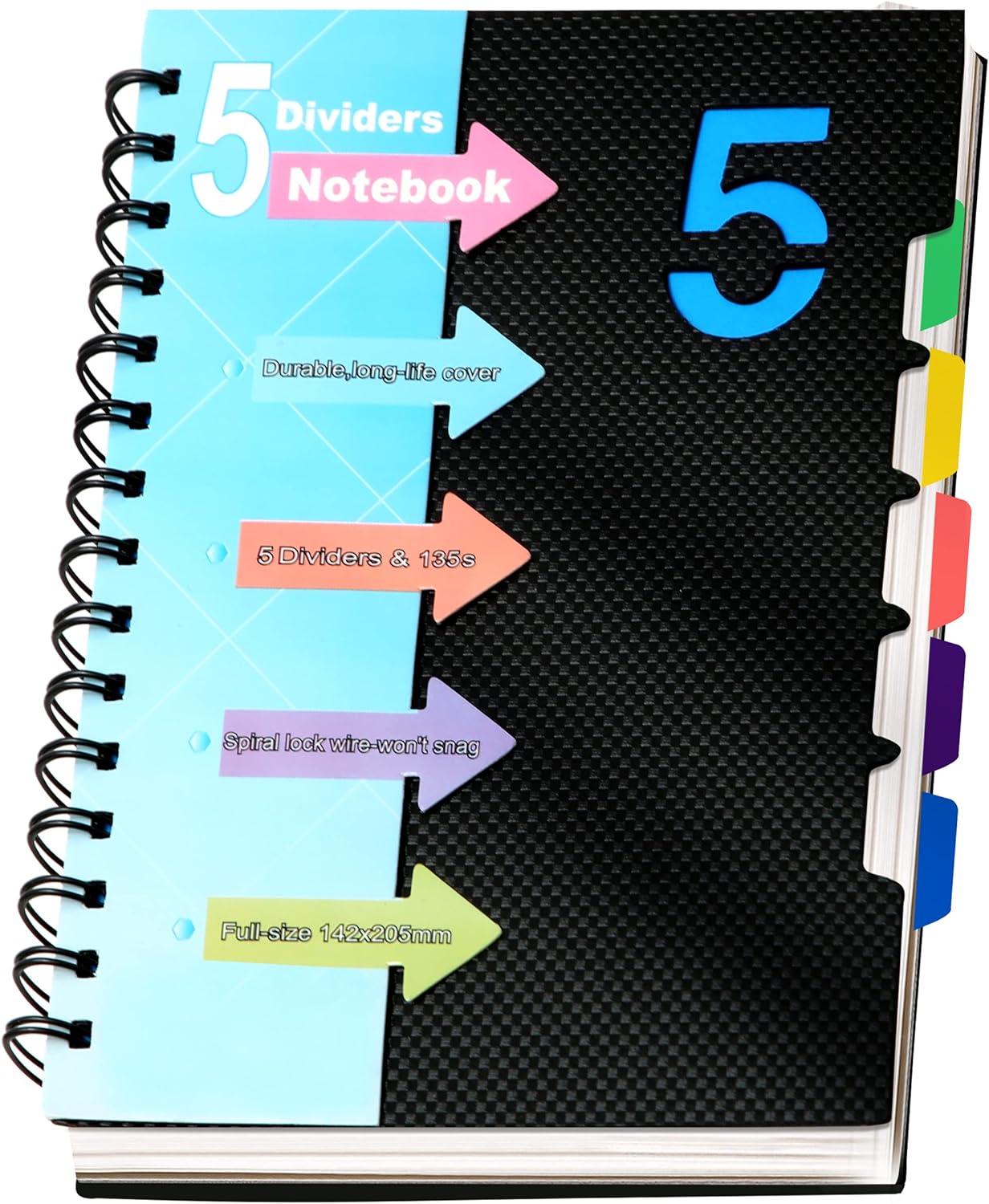 CAGIE 5 Subject Notebook 220 Pages with Dividers, A5 Spiral Journal - Efficient Organization!