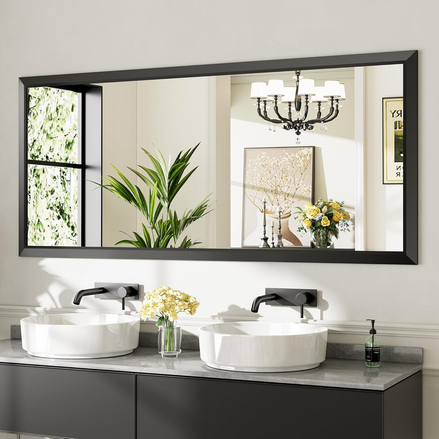 72x32 Inch Black Bathroom Mirror with Thick Metal Frame