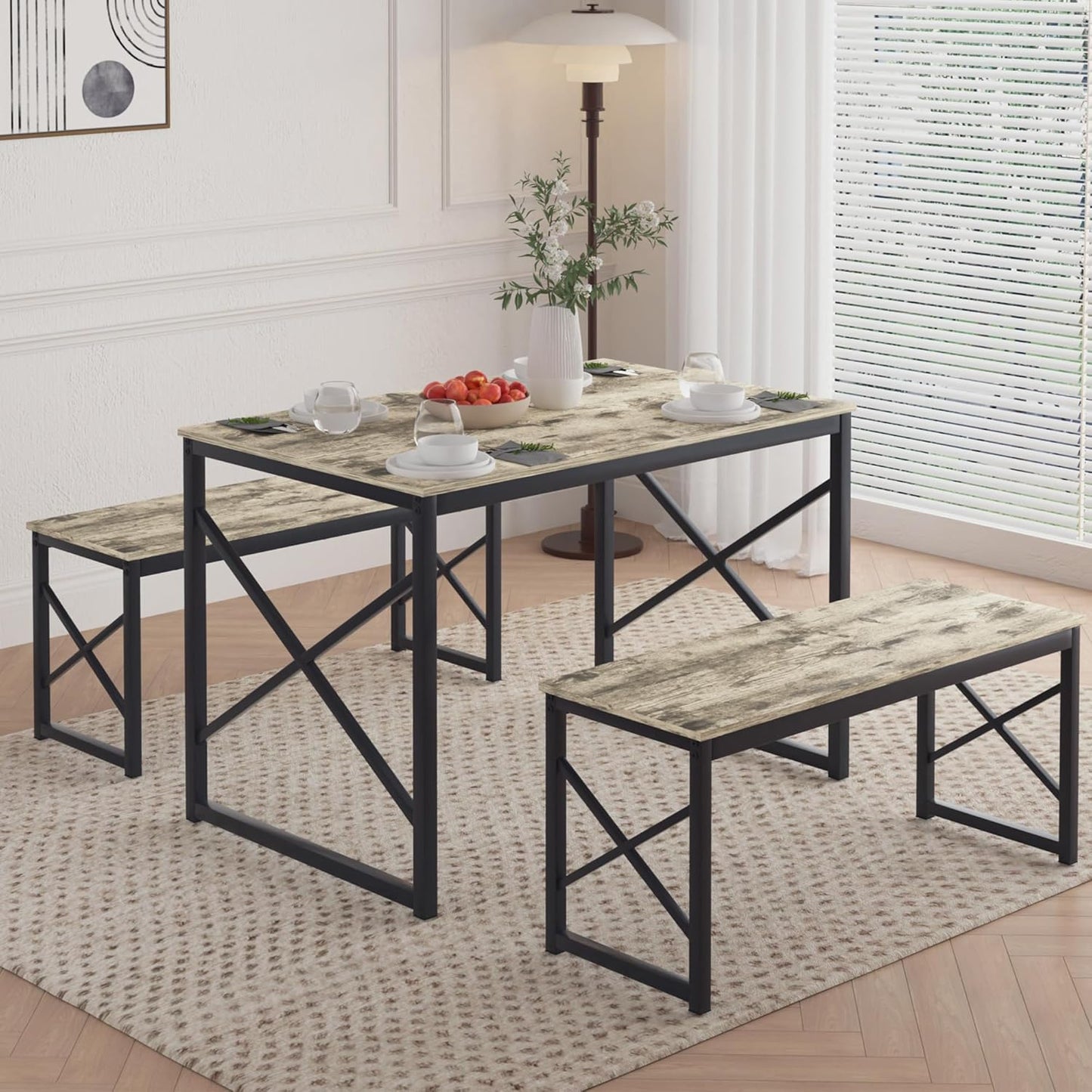 VECELO Kitchen Table Set with Benches for Small Spaces