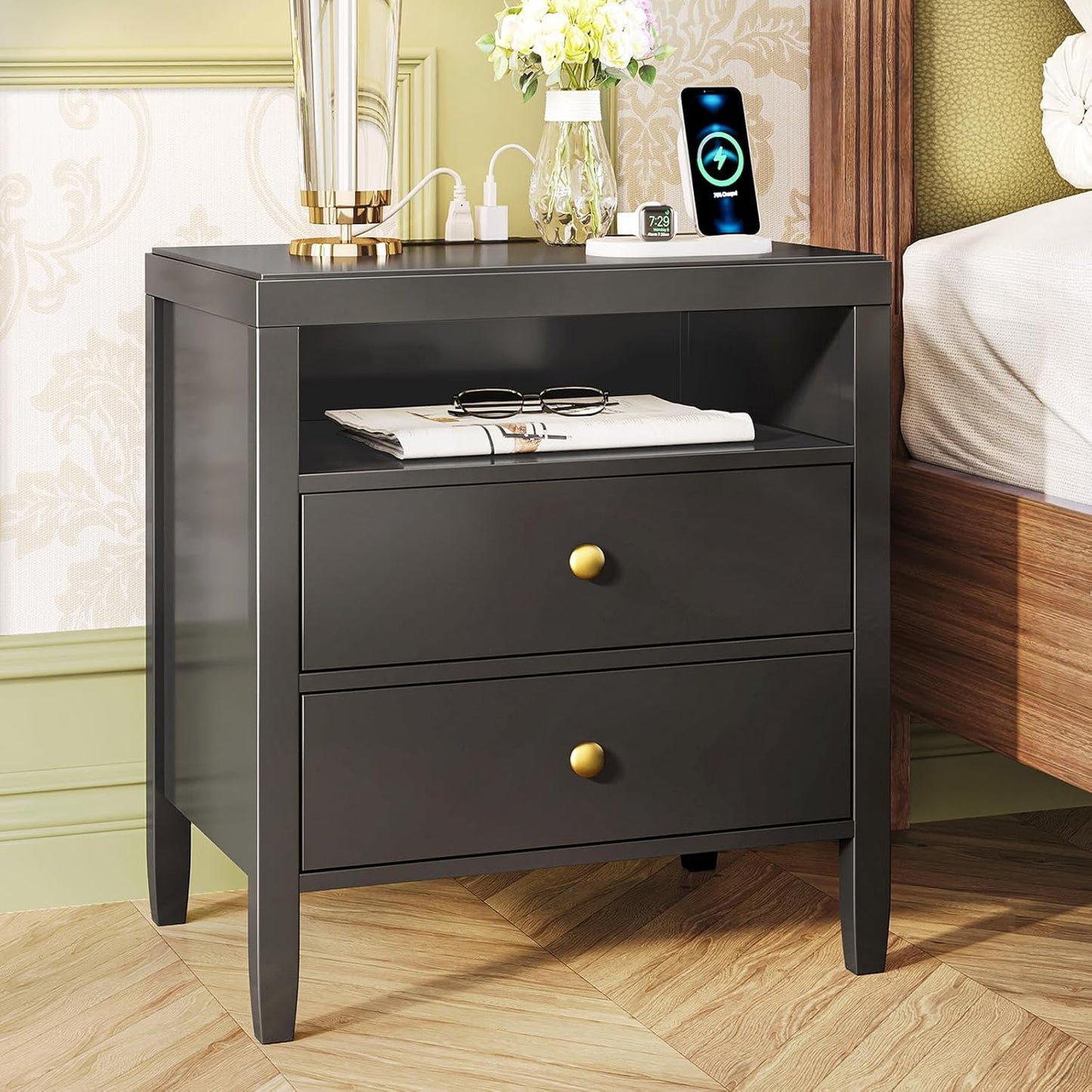 Huuger Nightstand with Charging Station and 2 Drawers for Storage