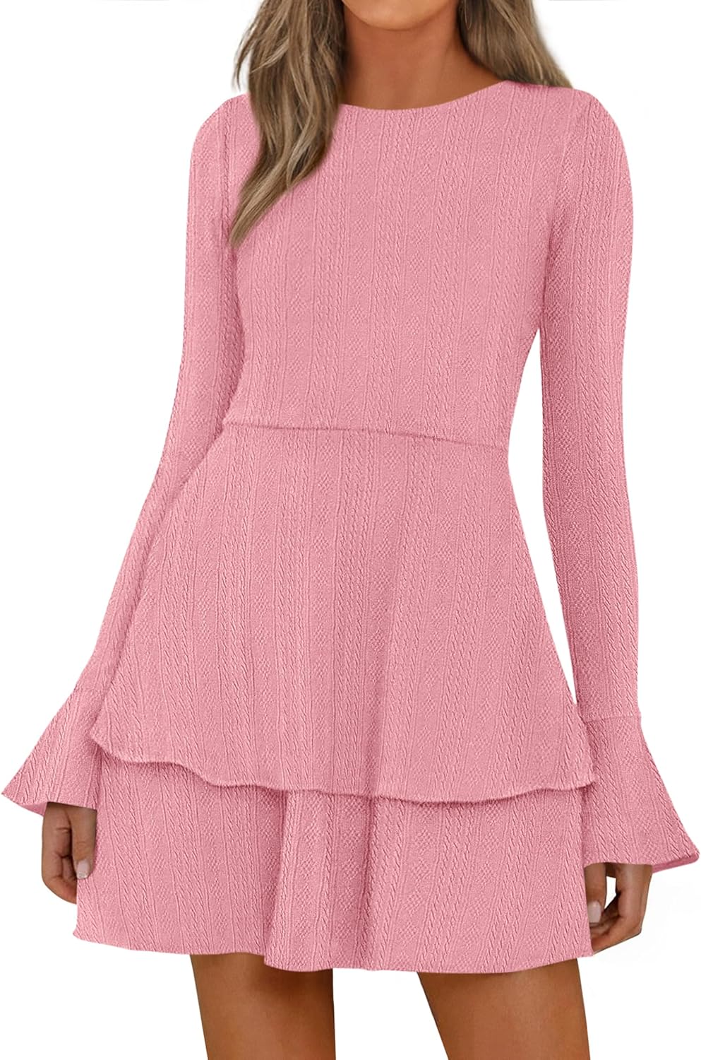 PRETTYGARDEN Womens Fall Fashion Long Bell Sleeve Mini Dress