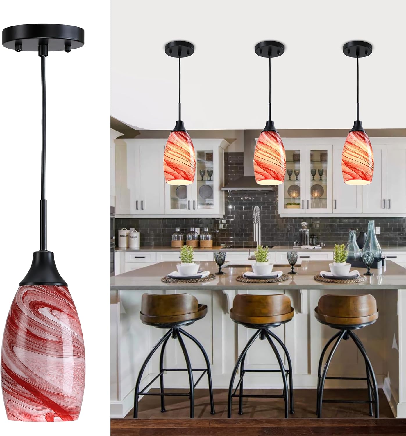 Mini Glass Pendant Light with Handblown Burgundy Marble Art