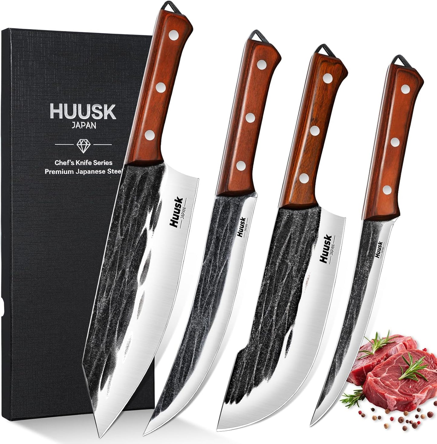 Huusk Butcher Knife Set - 4 PCS Hand Forged BBQ Knife Set