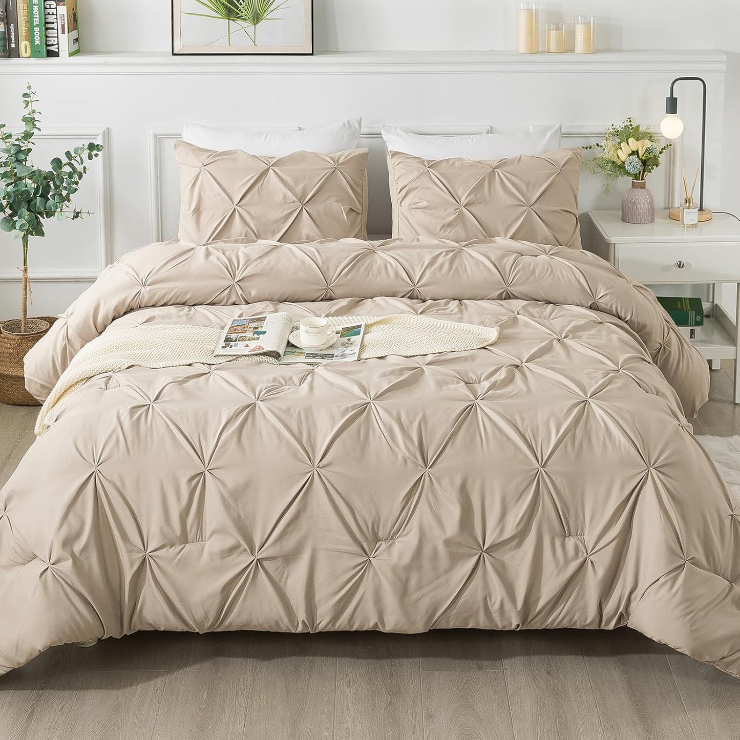 Andency Full Comforter Set Khaki, Elegant Pintuck Bedding Set