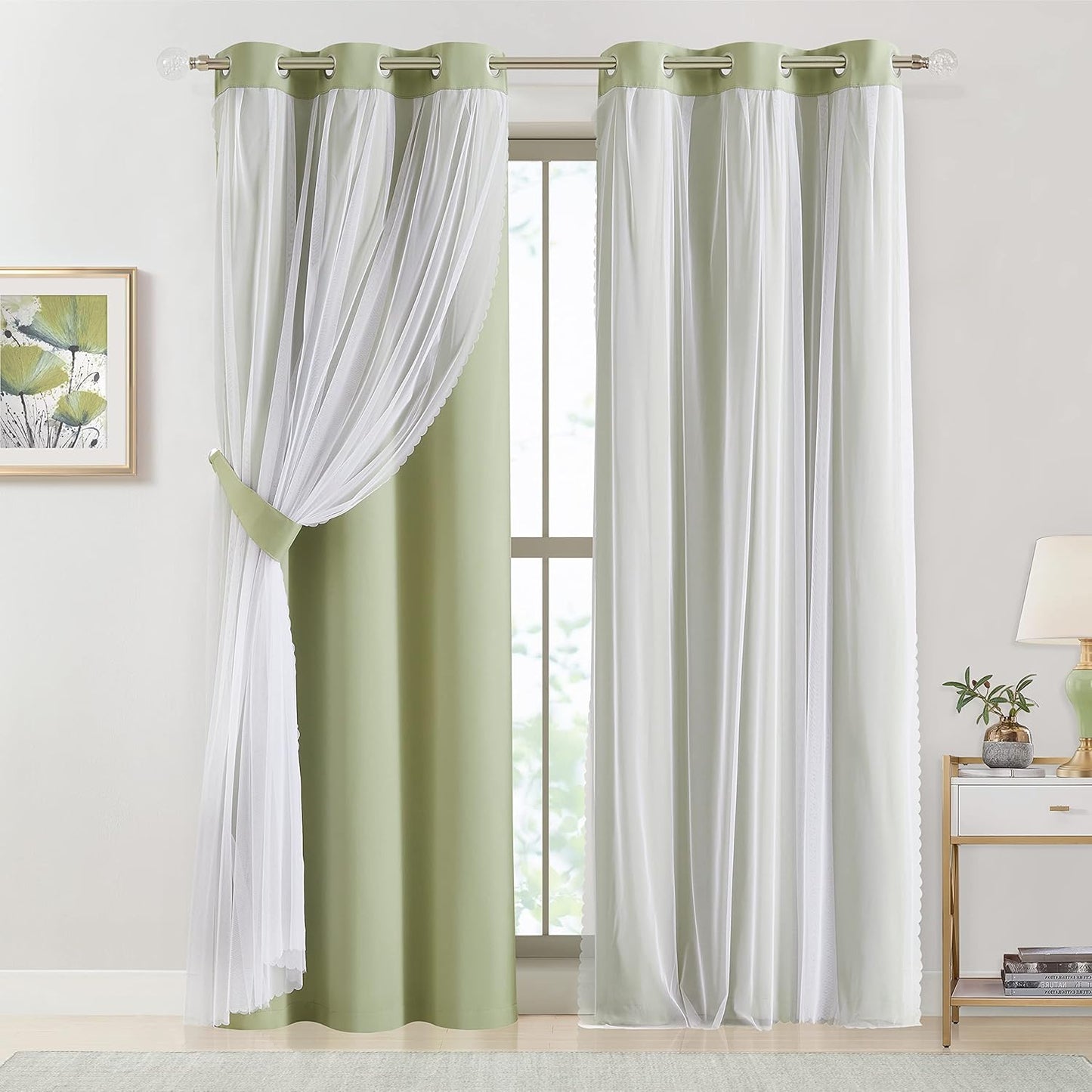 Bujasso Sage Green 90% Blackout Curtains with Sheer Overlay