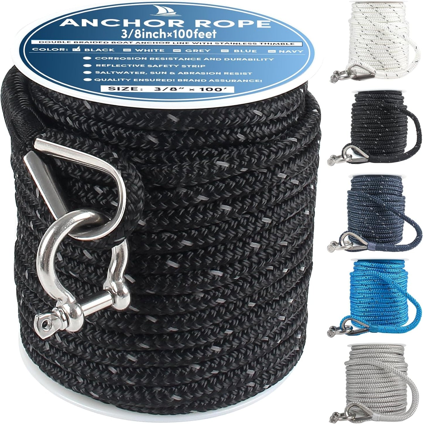 Anchor Rope 100 ft x 3/8 inch for Boats Up to 27ft - Strong & Durable