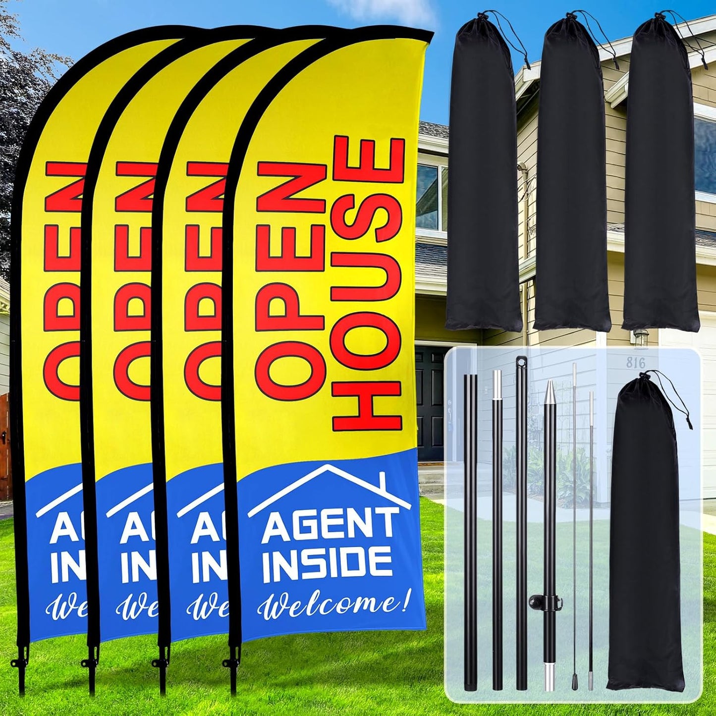 Open House Flags for Real Estate Agents - 4 Pack Set