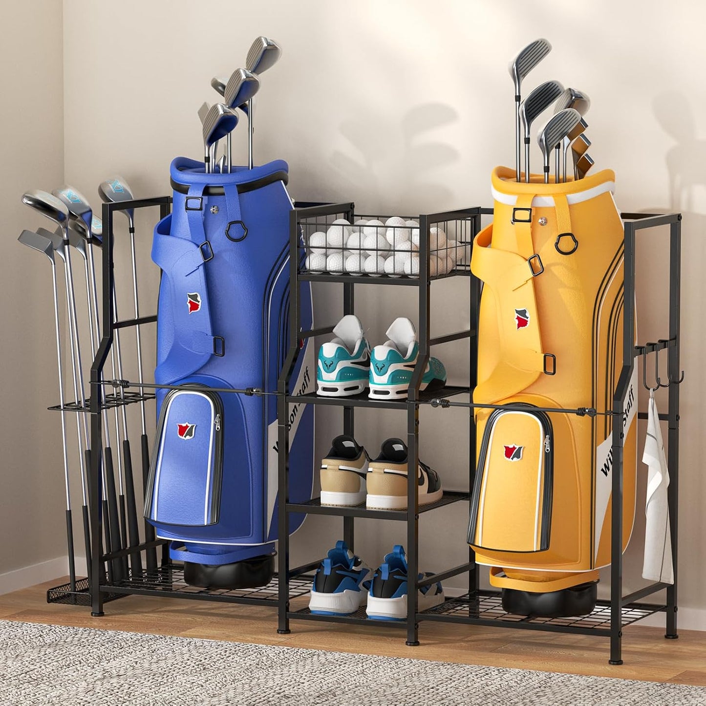 Golf Storage Organizer for 2 Bags and Equipment Accessories