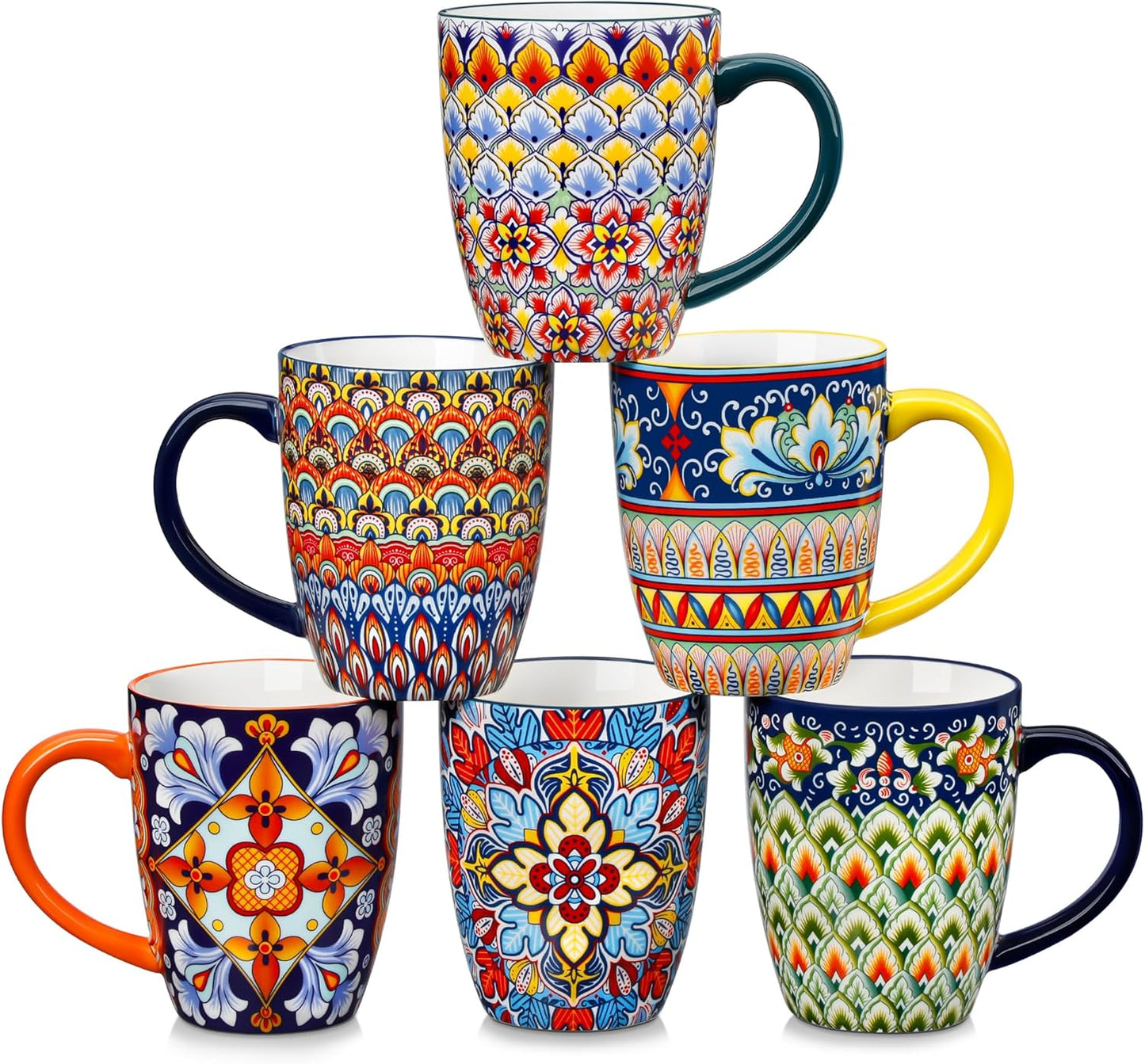 Bohemian Coffee Mugs Set of 6 - Large 16 oz Ceramic Cups