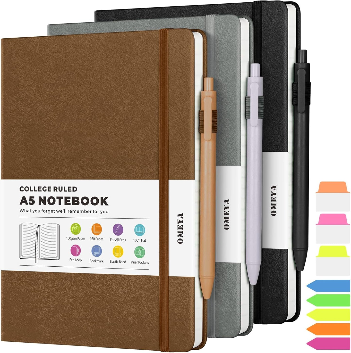 OMEYA 3 Pack Leather Journals with Pockets & Pen - College Ruled, 160 Pages