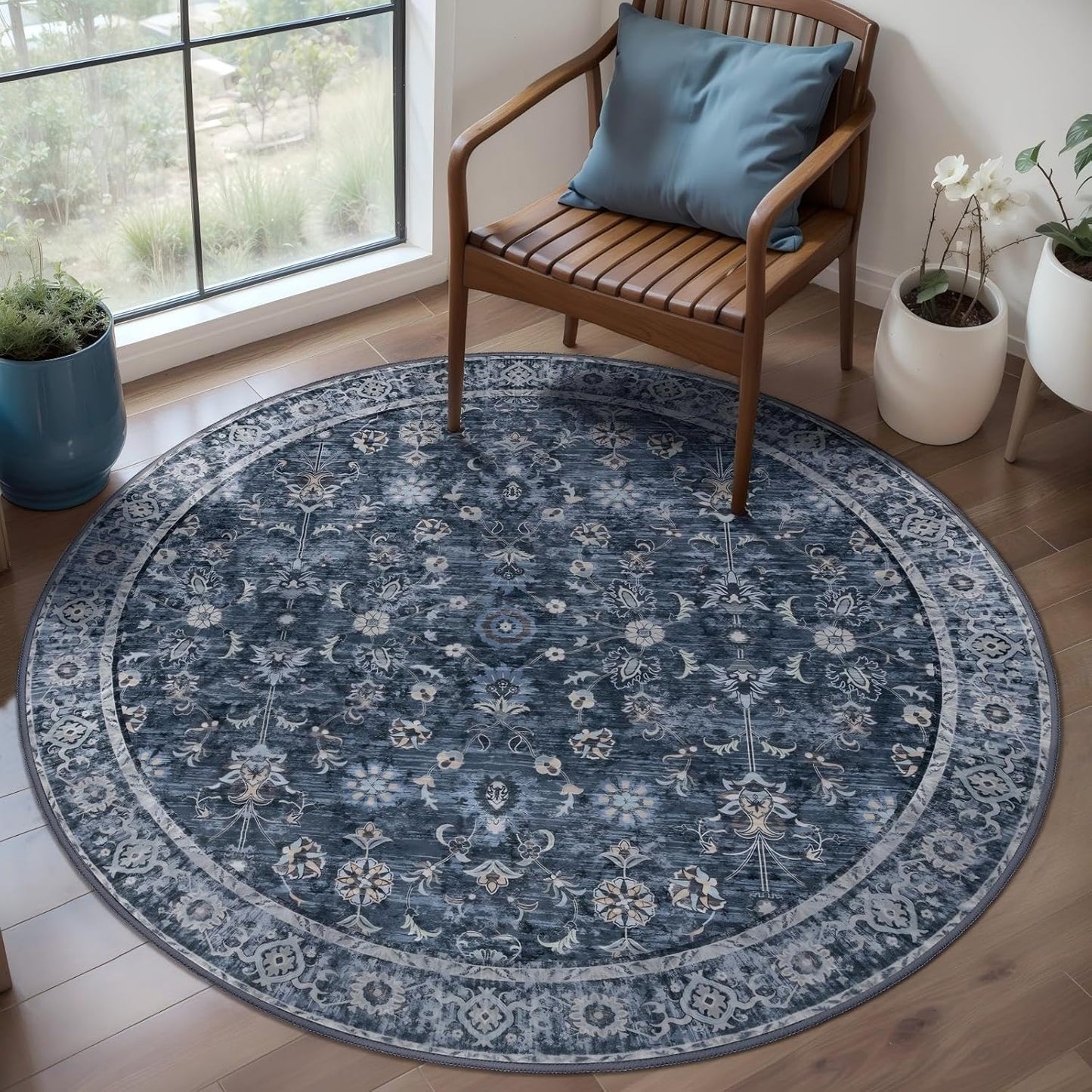 Vintage Round Rug 4ft Washable Circle Rug for Any Space