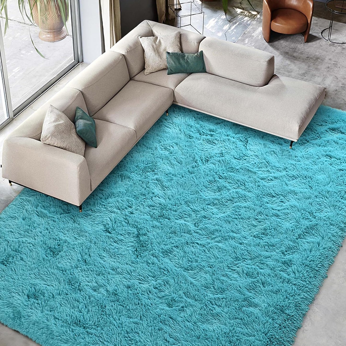 Soft Blue Plush Shaggy Area Rug for Bedroom and Living Room