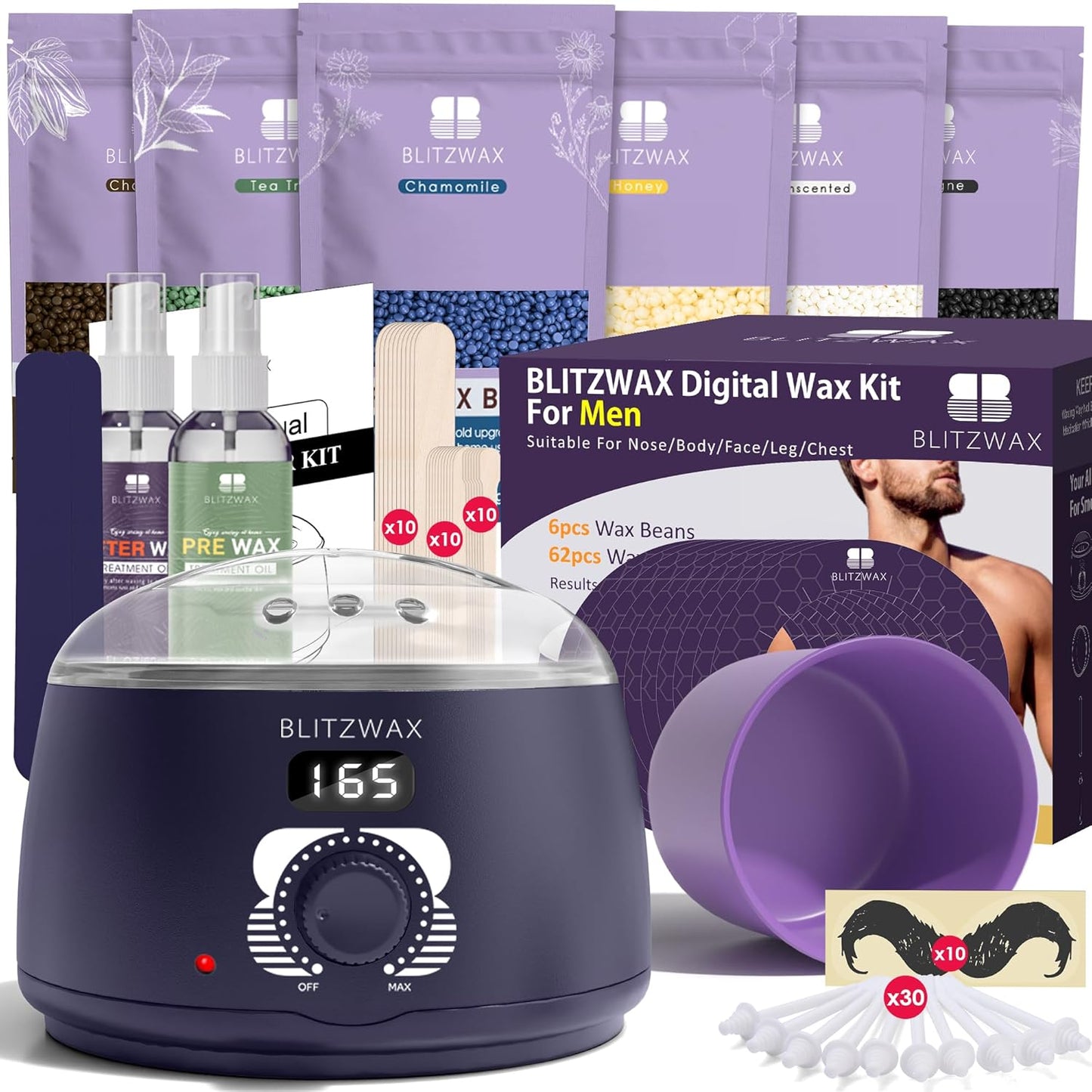 BLITZWAX Brazilian and Bikini Waxing Kit for Men - Easy Hair Removal