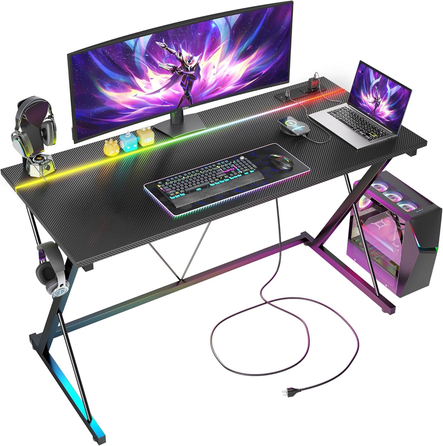 TIQLAB Gaming Desk with Power Outlets & LED for Gamers