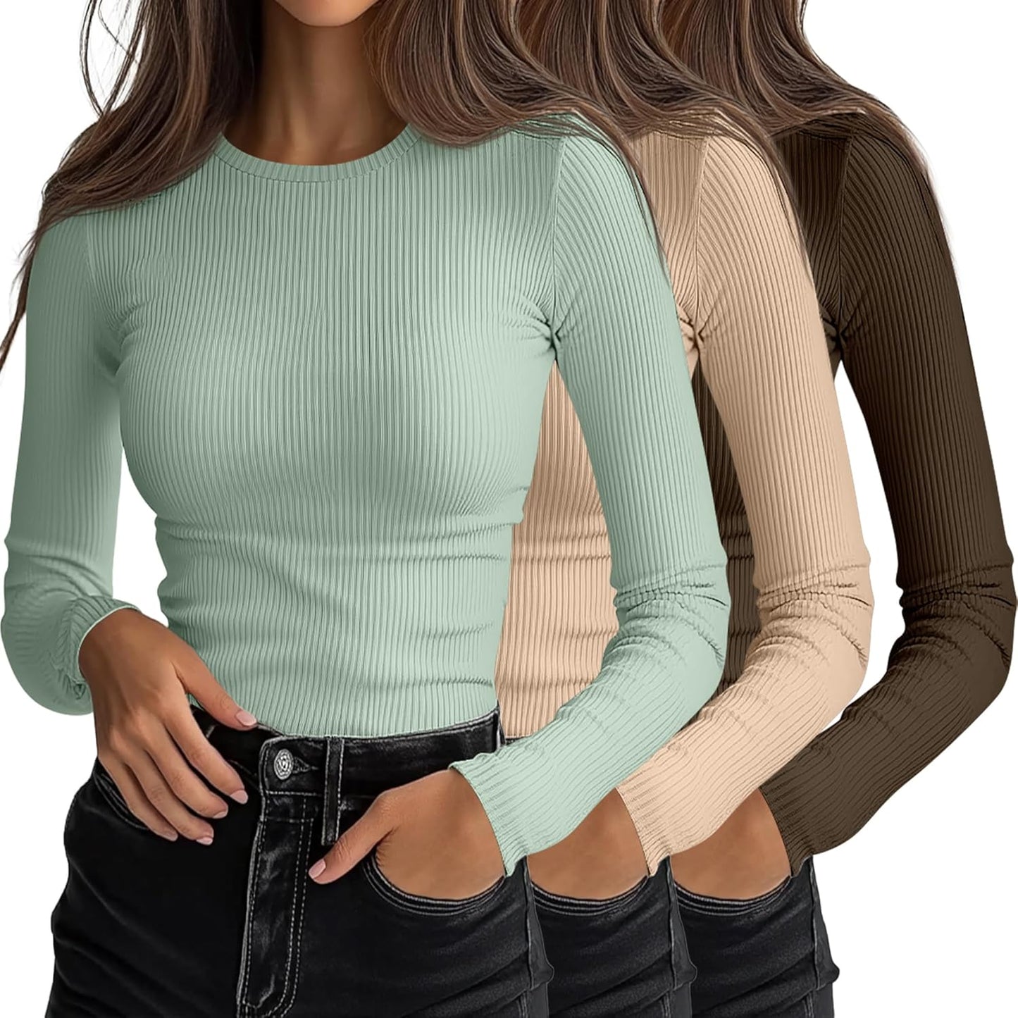 Ficerd Women's Ribbed Long Sleeve Tops for Casual Layering