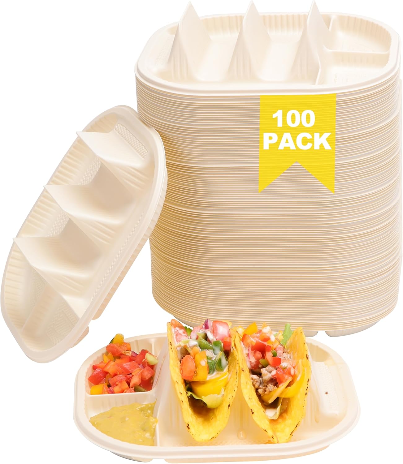 100 Pack Disposable Taco Holder with Dipping Sides for Parties