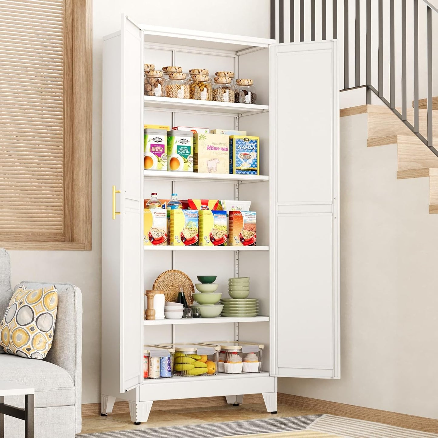 White Pantry Storage Cabinet with 4 Adjustable Shelves for Home