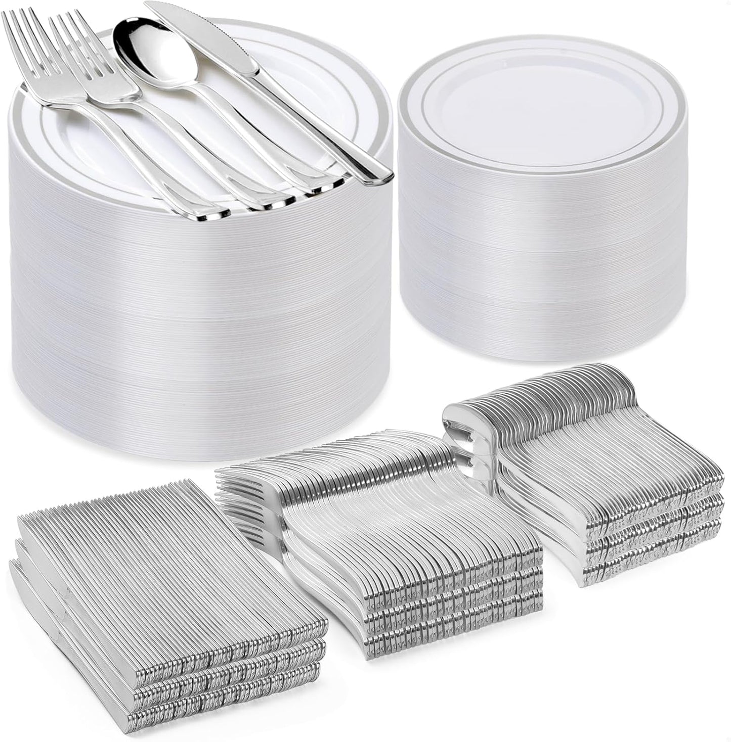 600PCS Silver Plastic Plate Set for 100 Guests - Perfect Dinnerware
