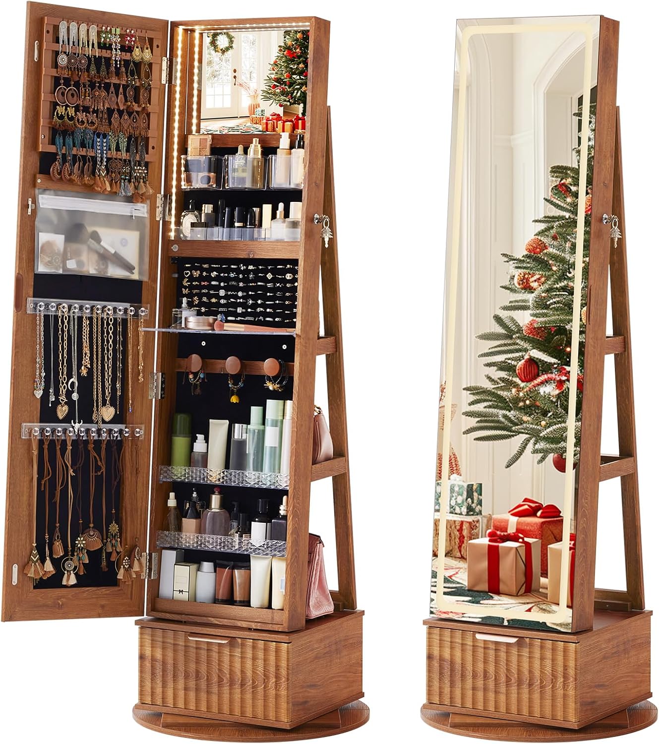 Fluted 360 Swivel Jewelry Armoire with Full Length Mirror
