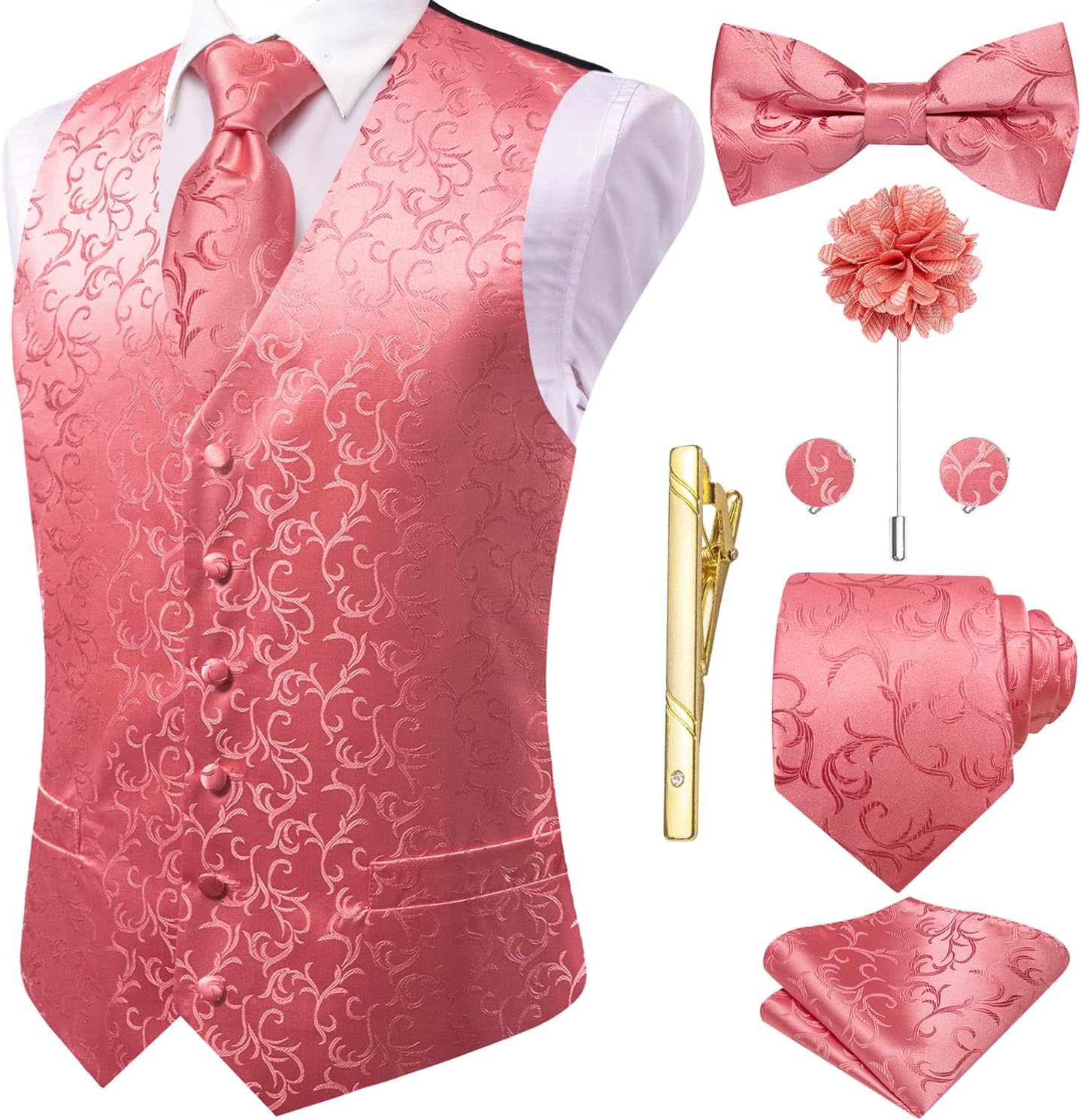 Hi-Tie Silk Mens Suit Vest Set with Tie and Bowtie for Weddings