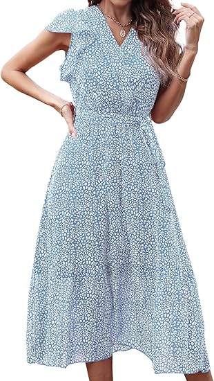 Genhoo Women's Summer Floral Printed Wrap V Neck Midi Dress