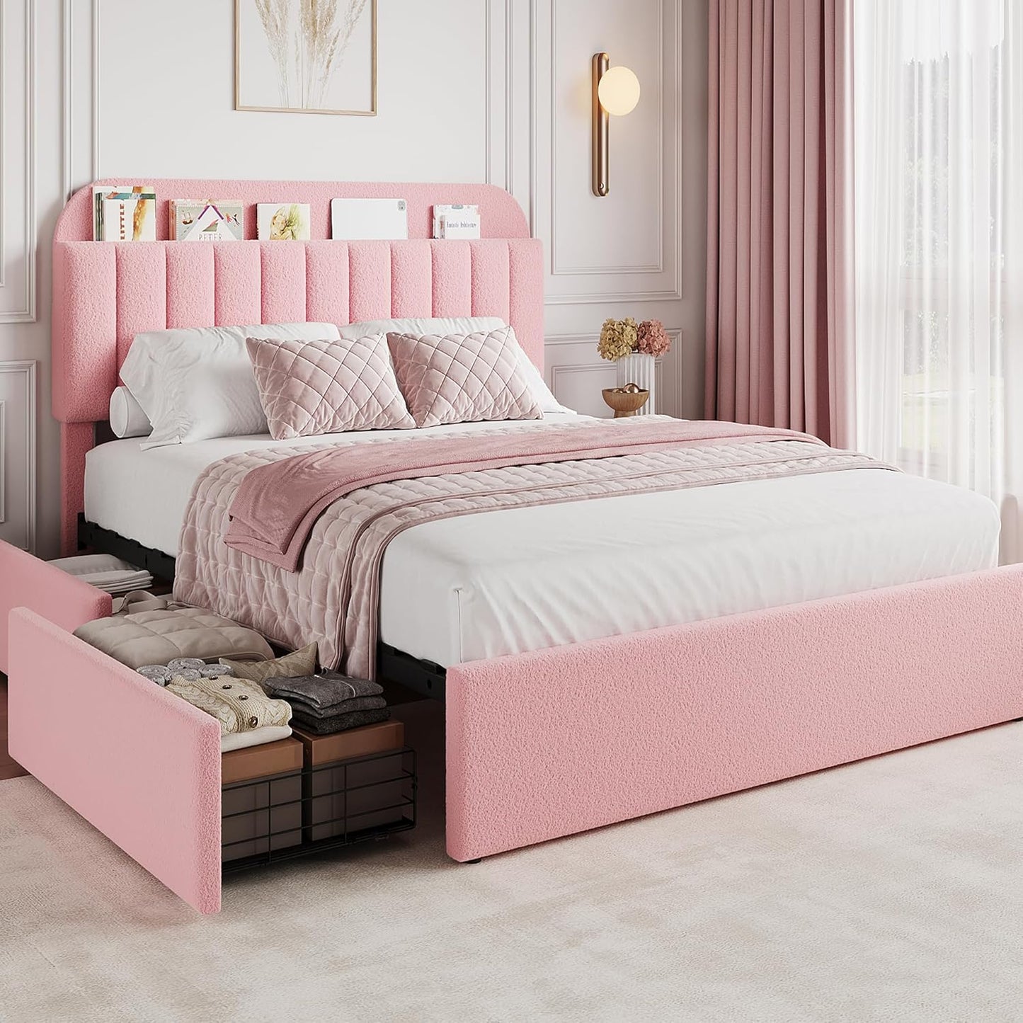 GarveeHome Queen Bed Frame with Storage Headboard for Girls