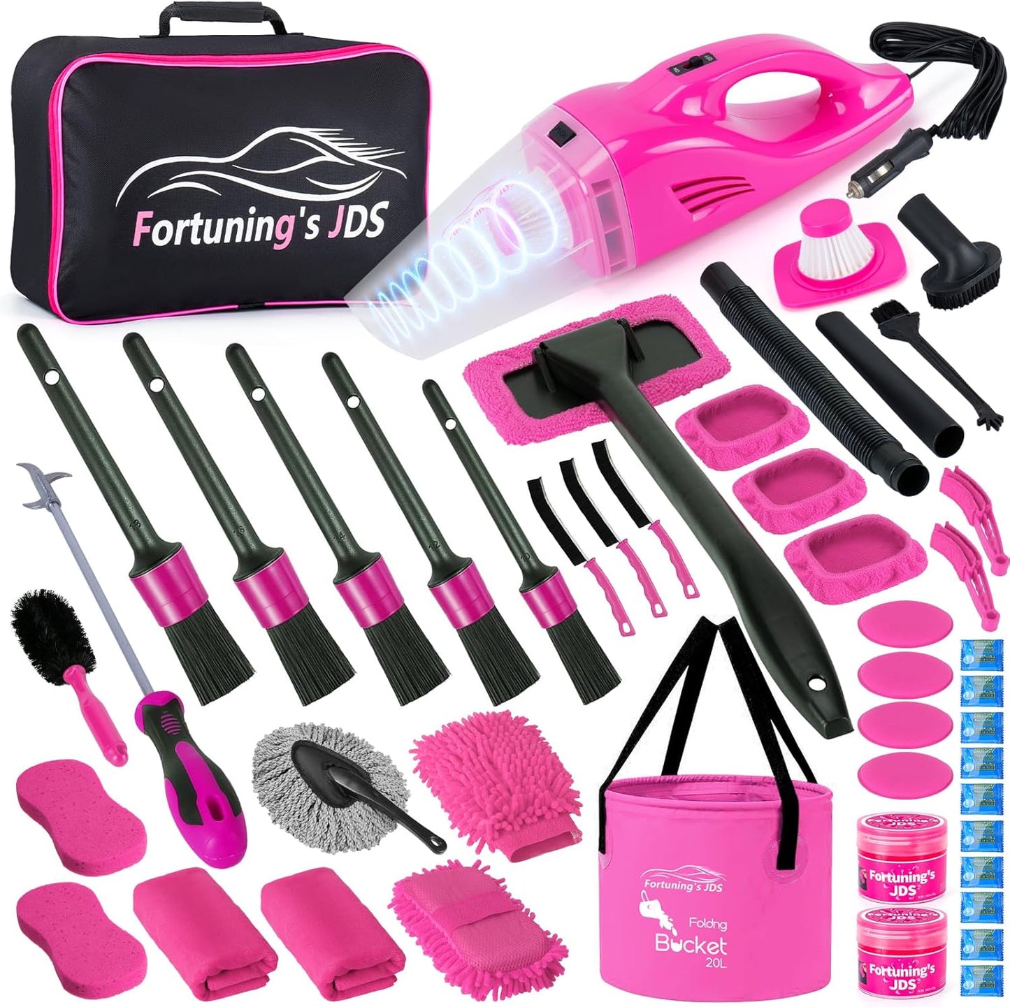 Complete Car Detailing Kit with Powerful Vacuum - Pink for Women