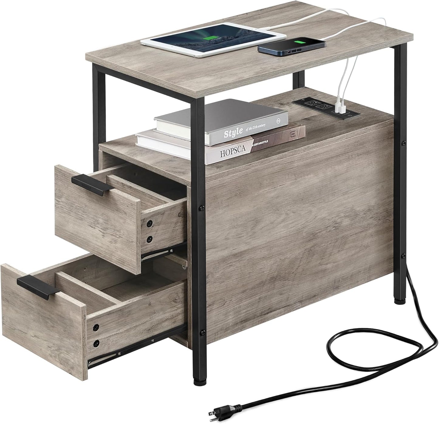 VASAGLE Side Table with Charging Station and Ample Storage