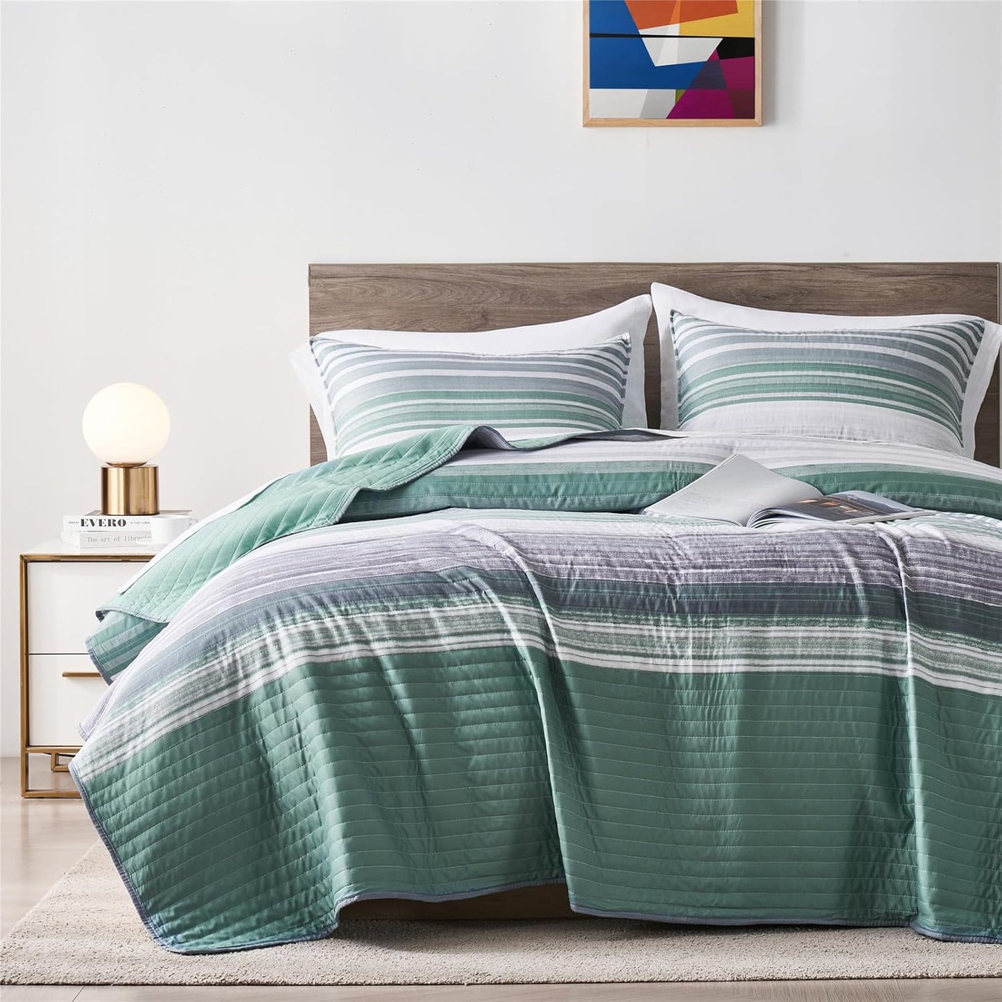KAKIJUMN King Quilt Set with Green Patchwork Stripes for Comfort