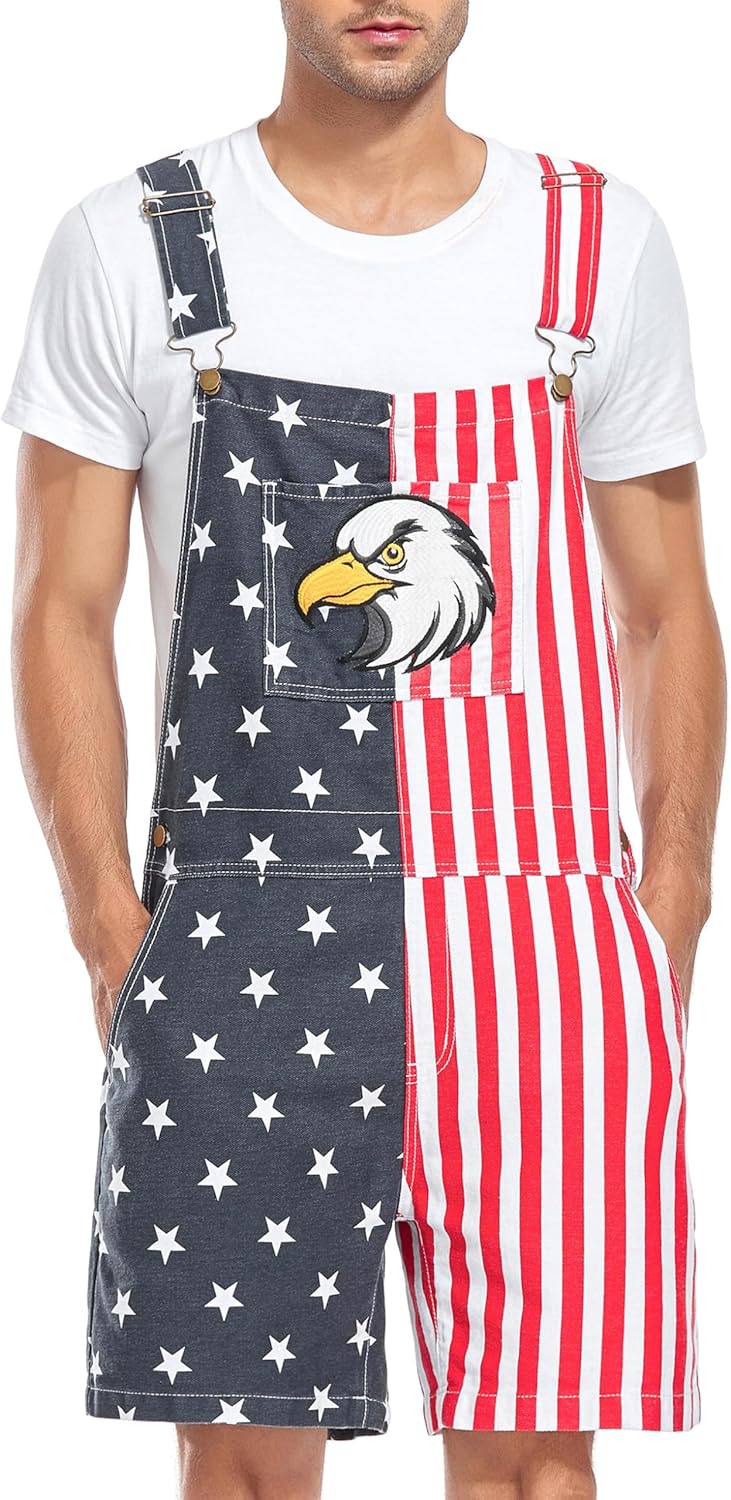 Unisex Printed Overalls Shorts Romper for 4th of July Fun