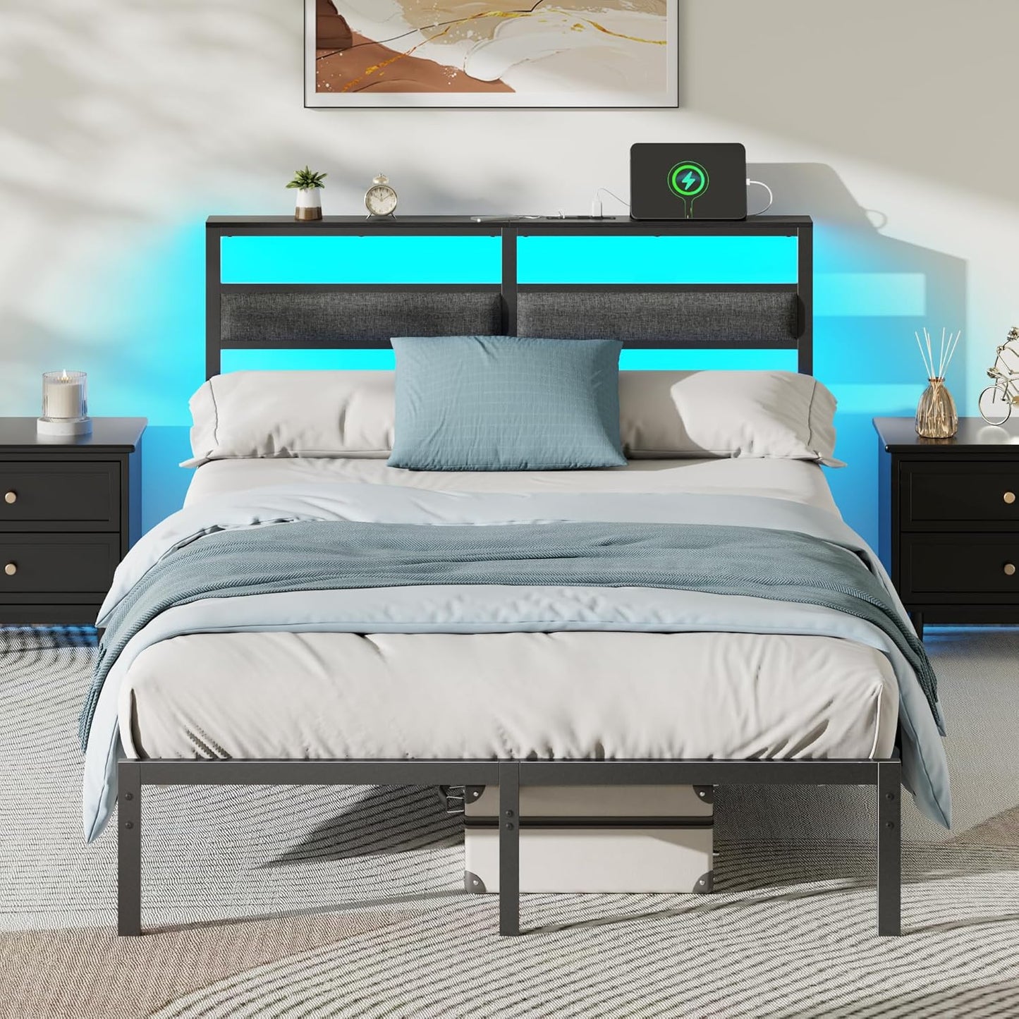 Full Size Bed Frame with LED Light and Charging Station Features