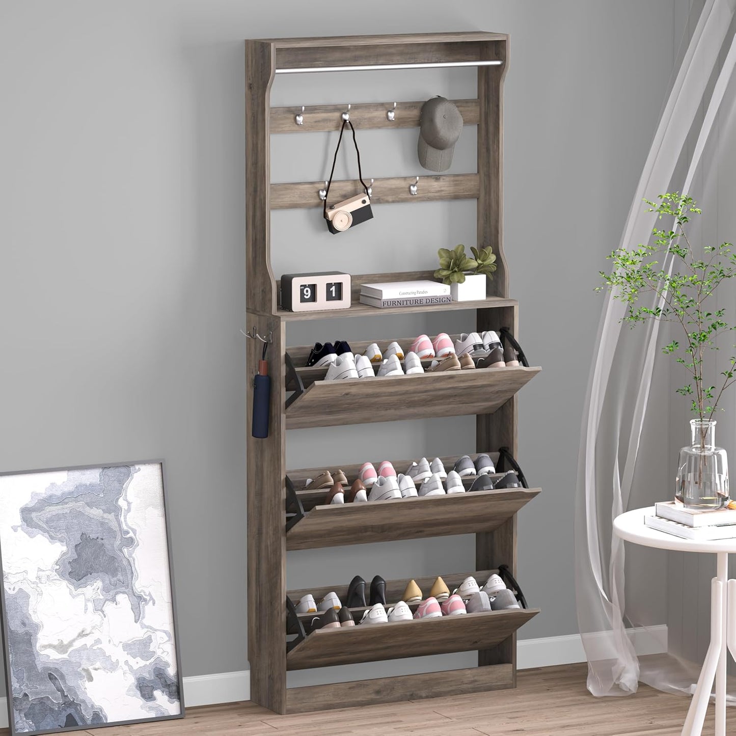 Shoe Cabinet with 3 Flip Drawers & Coat Rack for Entryway