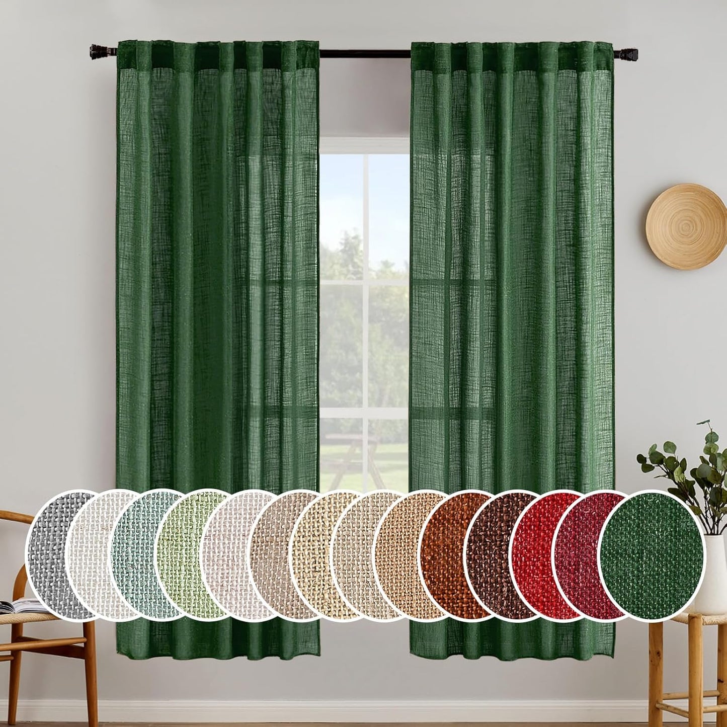 MIULEE Emerald Green Linen Curtains for Elegant Home Decor