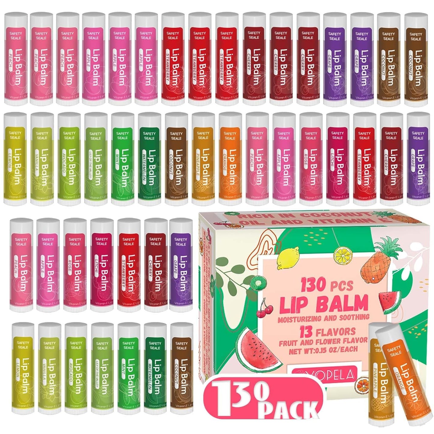 Yopela 130 Pack Natural Lip Balm with Vitamin E and Coconut Oil