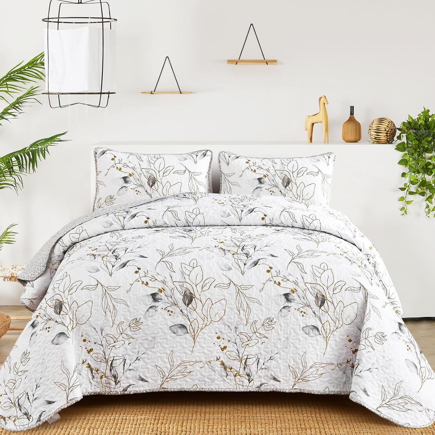 Anibedding Grey Quilt Set Full with Elegant Botanical Design