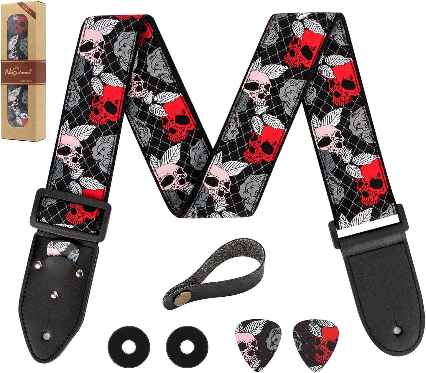 Jacquard Embroidered Skull Guitar Strap Set