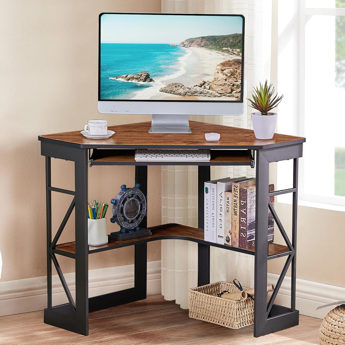 Efficient Triangle Desk w/ Keyboard Tray & Shelves