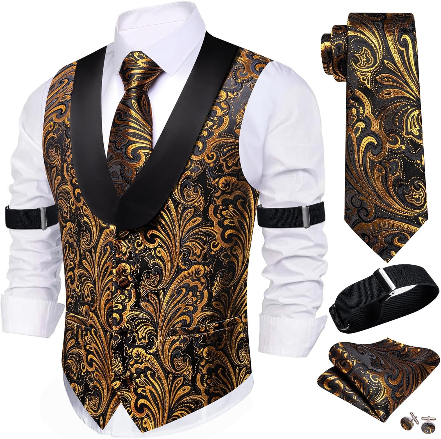 Stylish Mens Silk Lapel Vest Tie Sleeve Holder Set for Events