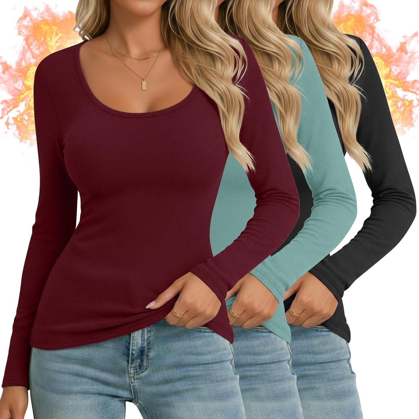 Ficerd 3 Pack Women's Thermal Long Sleeve Shirts for Winter