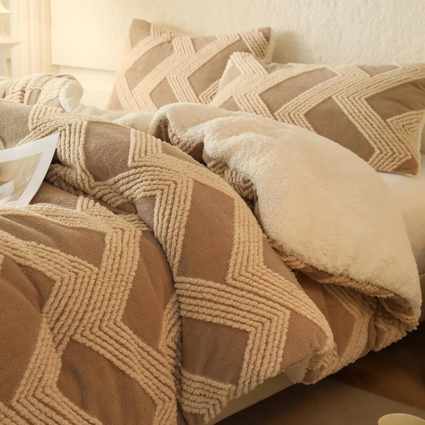 Tufted Boho Comforter Set Twin - Cozy Beige Sherpa Bedding