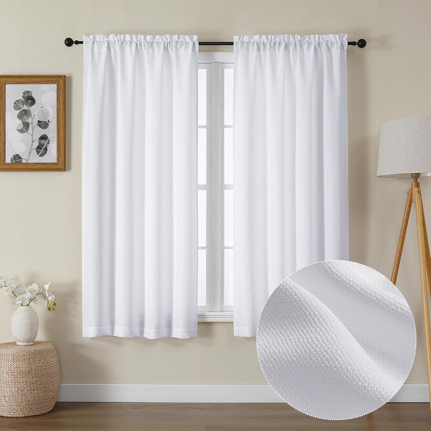 Light Filtering White Curtains - 63 Inch Length