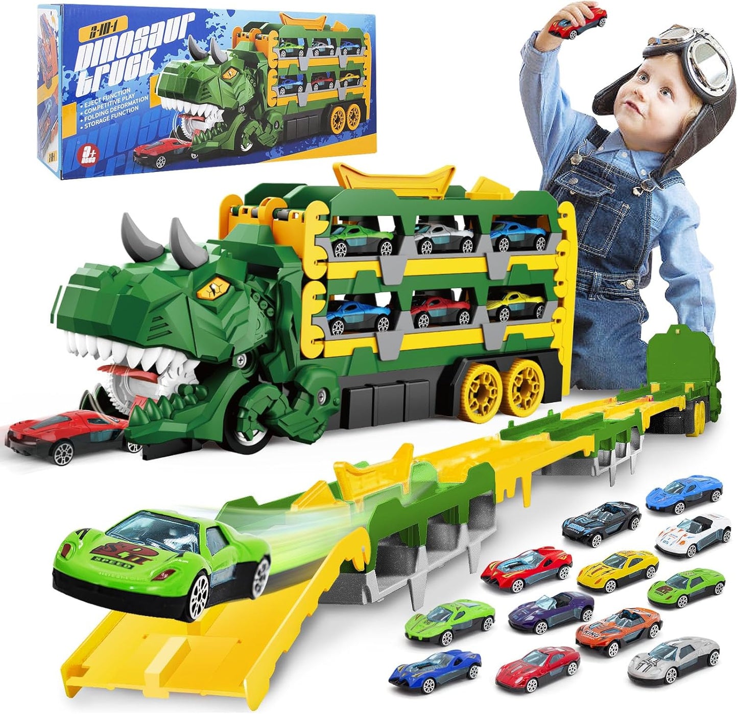 Dinosaur Toys for Kids 3-12: Transform Truck with Racing Cars