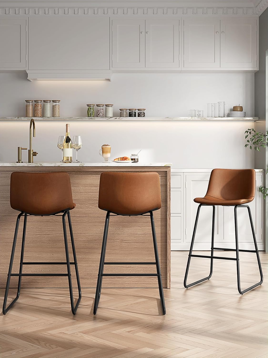 Modern Faux Leather Bar Stools Set of 3 for Kitchen Island