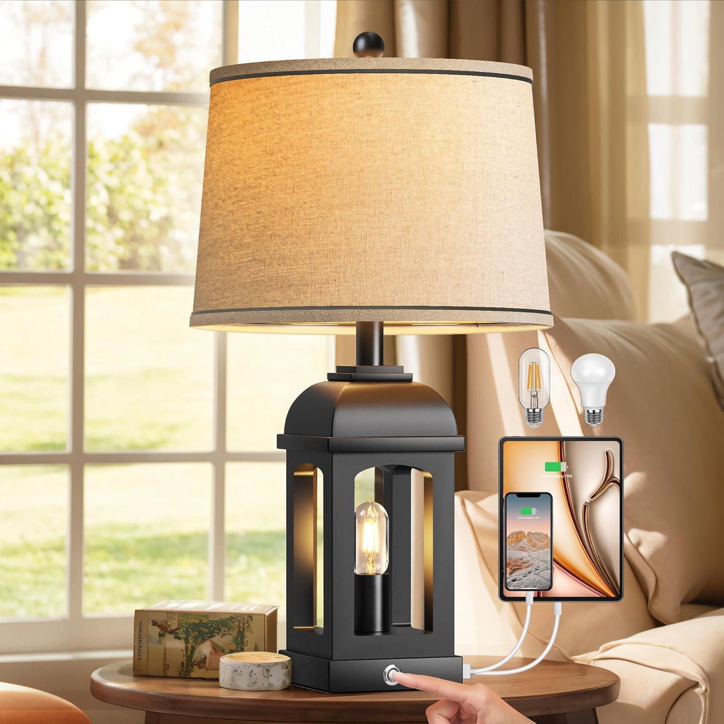 QiMH Rustic Table Lamp with USB Ports and Nightlight Feature