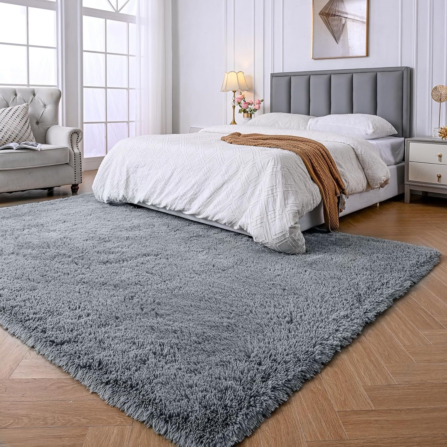 Fluffy Area Rugs for Bedroom: Soft Grey Plush Carpet 4x6 Feet