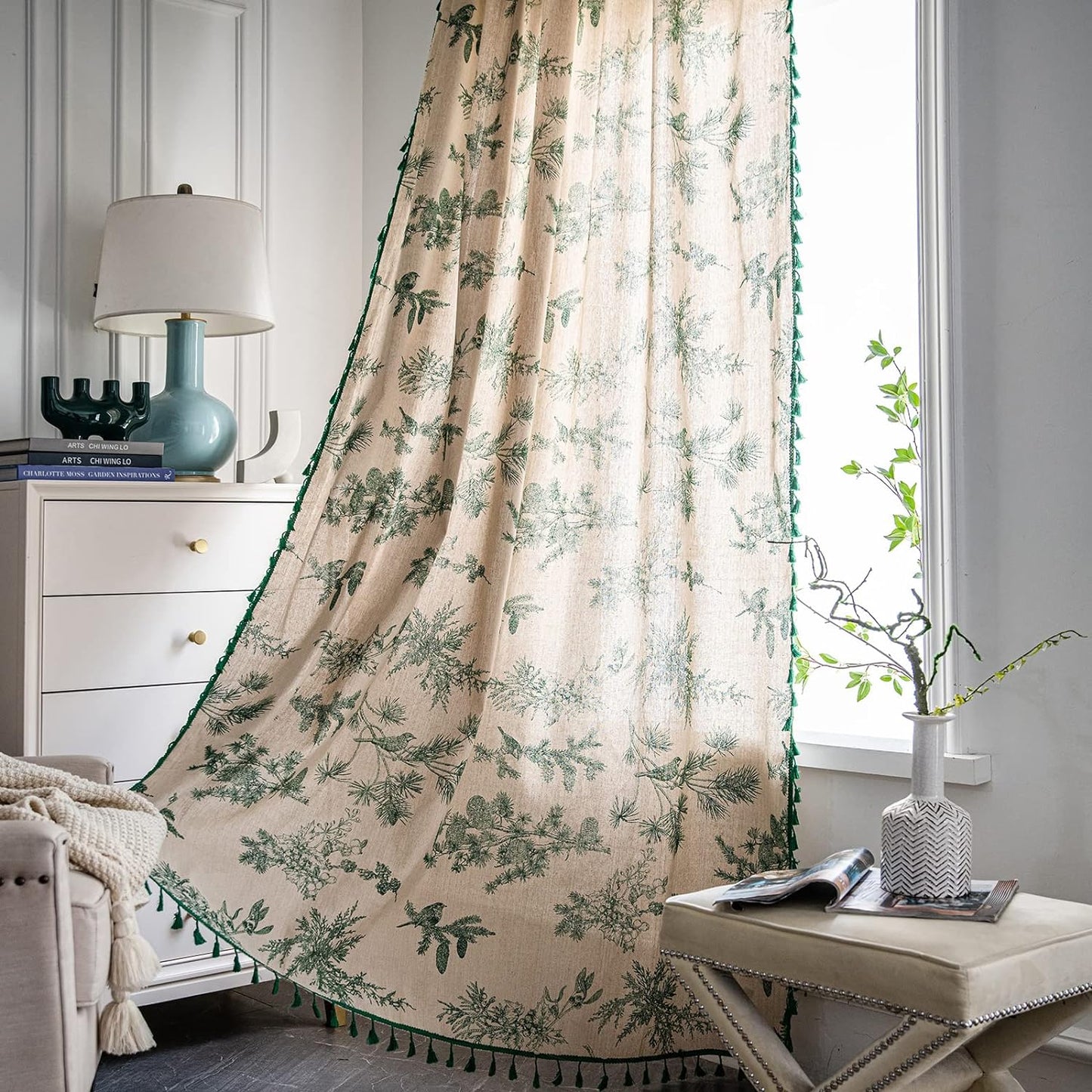 Bohemian Curtains with Tassel Green Semi-Blackout Drapes 63 in