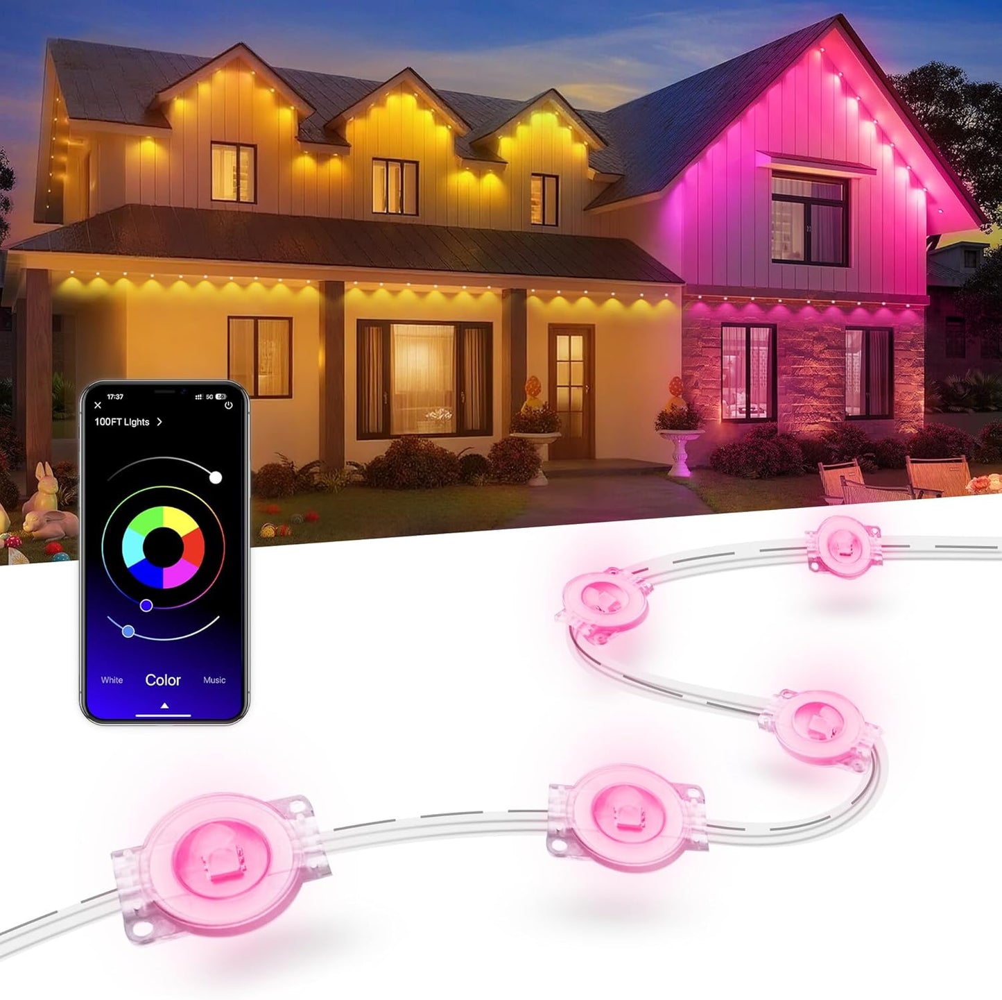 Nexillumi Permanent Outdoor Lights: 100ft Smart RGB LED Decor